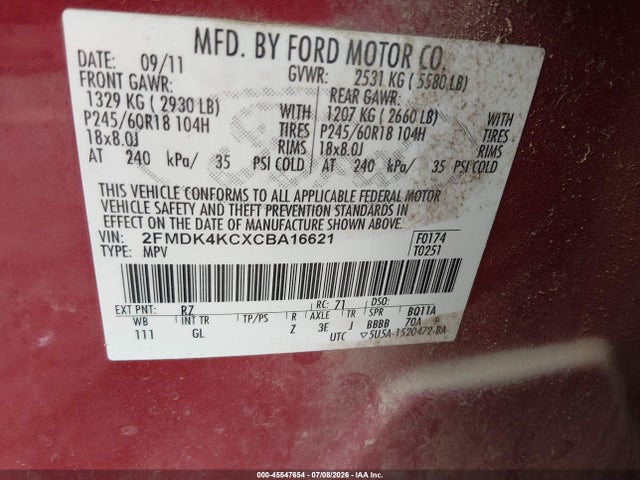 2012 Ford Edge Limited მანქანა იყიდება აუქციონზე, vin: 2FMDK4KCXCBA16621, აუქციონის ნომერი: 45547654