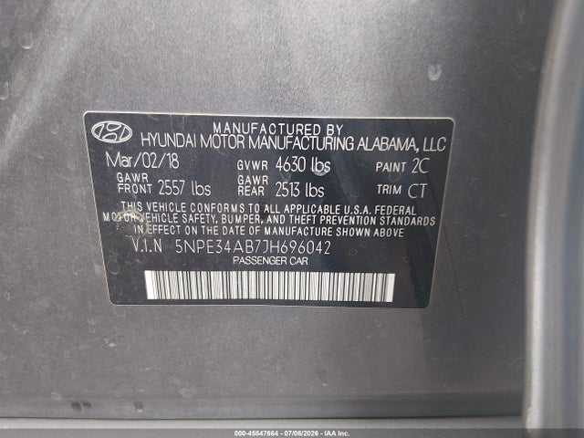 2018 Hyundai Sonata Sport 2.0t მანქანა იყიდება აუქციონზე, vin: 5NPE34AB7JH696042, აუქციონის ნომერი: 45547664