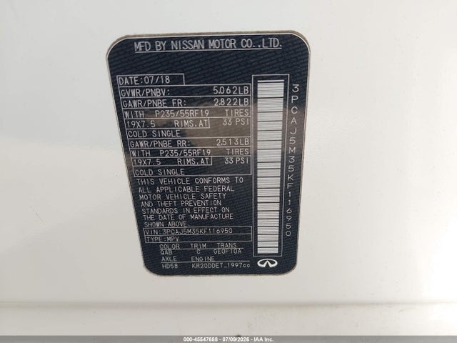 2019 Infiniti Qx50 Essential მანქანა იყიდება აუქციონზე, vin: 3PCAJ5M35KF116950, აუქციონის ნომერი: 45547688