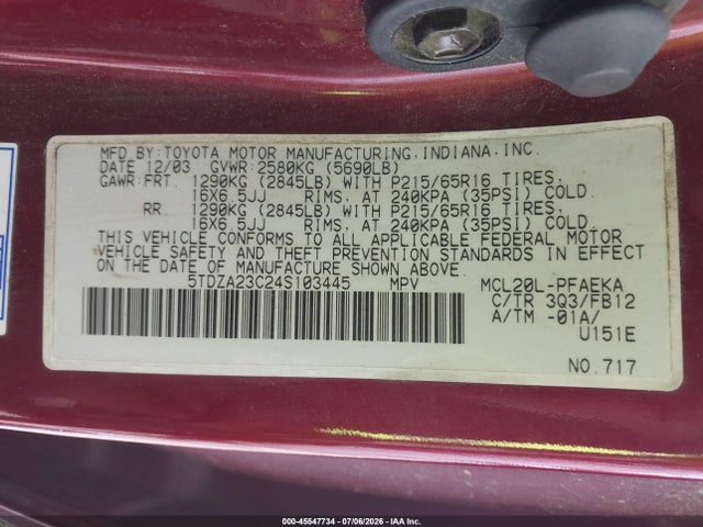Aukcja sprzedaży 2004 Toyota Sienna Le, vin: 5TDZA23C24S103445, numer aukcji: 45547734