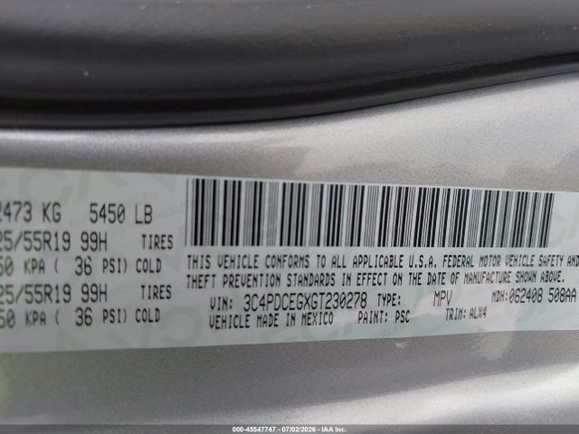 45547747 :رقم المزاد ، 3C4PDCEGXGT230278 vin ، 2016 Dodge Journey R/t مزاد بيع