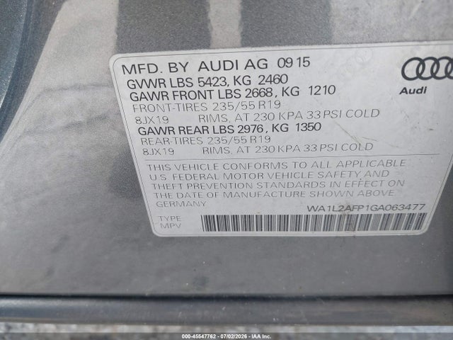 Продаж на аукціоні авто 2016 Audi Q5 2.0t Premium, vin: WA1L2AFP1GA063477, номер лоту: 45547762