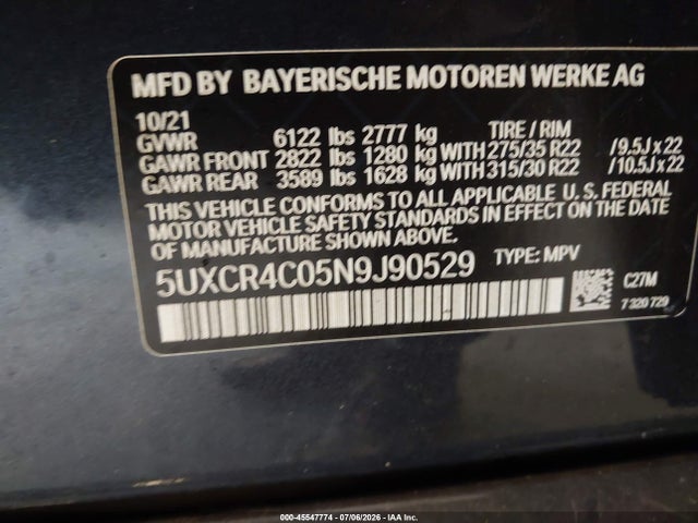 Продажа на аукционе авто 2022 Bmw X5 Sdrive40i, vin: 5UXCR4C05N9J90529, номер лота: 45547774