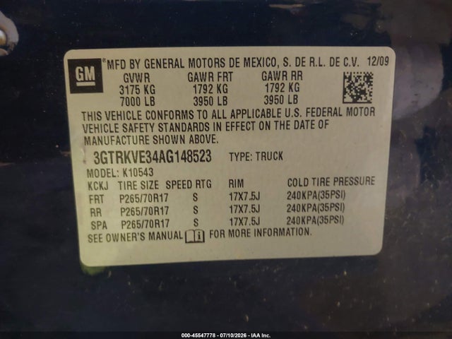 2010 Gmc Sierra 1500 Sle მანქანა იყიდება აუქციონზე, vin: 3GTRKVE34AG148523, აუქციონის ნომერი: 45547778