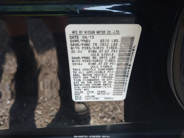Продажа на аукционе авто 2013 Infiniti Fx37, vin: JN8CS1MW4DM175124, номер лота: 45547781