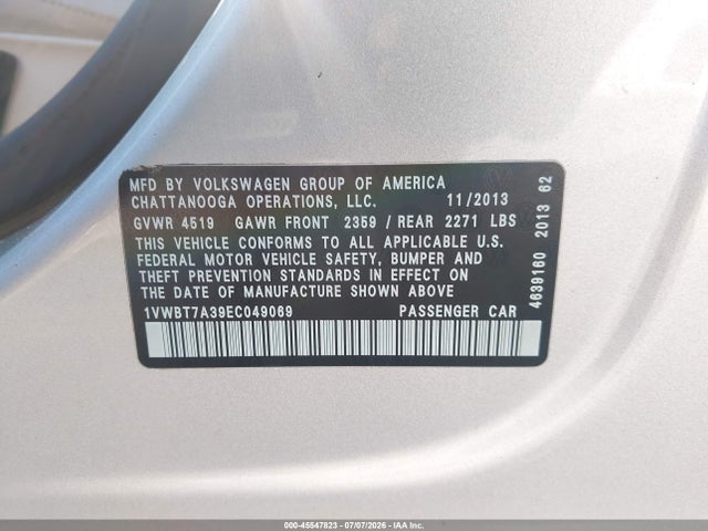 2014 Volkswagen Passat 1.8t Se მანქანა იყიდება აუქციონზე, vin: 1VWBT7A39EC049069, აუქციონის ნომერი: 45547823