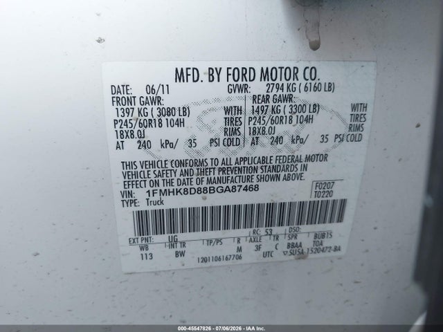 45547826 :رقم المزاد ، 1FMHK8D88BGA87468 vin ، 2011 Ford Explorer Xlt مزاد بيع