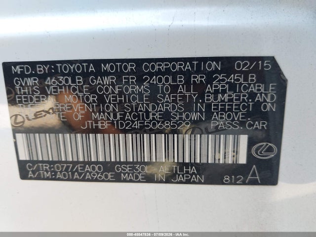 Aukcja sprzedaży 2015 Lexus Is 250, vin: JTHBF1D24F5068529, numer aukcji: 45547836
