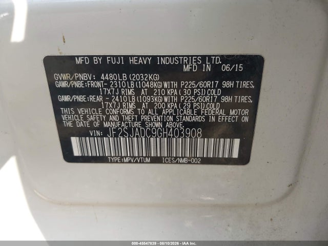 Aukcja sprzedaży 2016 Subaru Forester 2.5i Premium, vin: JF2SJADC9GH403908, numer aukcji: 45547839