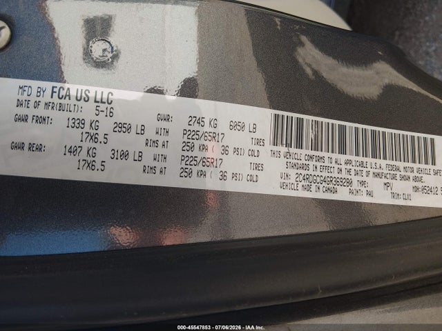2016 Dodge Grand Caravan Sxt მანქანა იყიდება აუქციონზე, vin: 2C4RDGCG4GR369280, აუქციონის ნომერი: 45547853