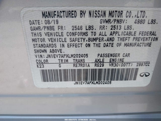 45547876 :رقم المزاد ، JN1EV7APXLM202405 vin ، 2020 Infiniti Q50 Luxe مزاد بيع