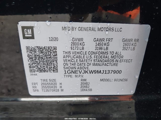 2021 Chevrolet Traverse Awd Rs მანქანა იყიდება აუქციონზე, vin: 1GNEVJKW9MJ137900, აუქციონის ნომერი: 45547882