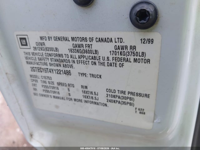 2000 Gmc Sierra 1500 Sle მანქანა იყიდება აუქციონზე, vin: 2GTEC19T4Y1221486, აუქციონის ნომერი: 45547918