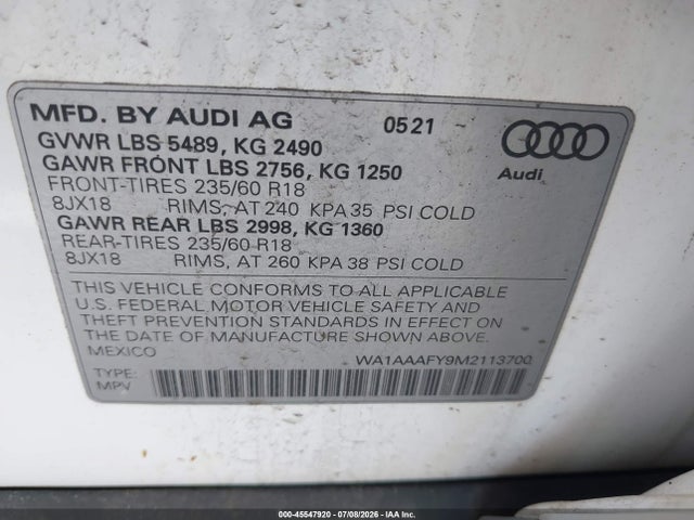 45547920 :رقم المزاد ، WA1AAAFY9M2113700 vin ، 2021 Audi Q5 Premium 45 Tfsi Quattro S Tronic مزاد بيع