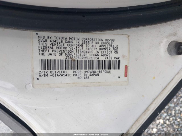 45547956 :رقم المزاد ، JT8BF28G7W5039134 vin ، 1998 Lexus Es 300 مزاد بيع