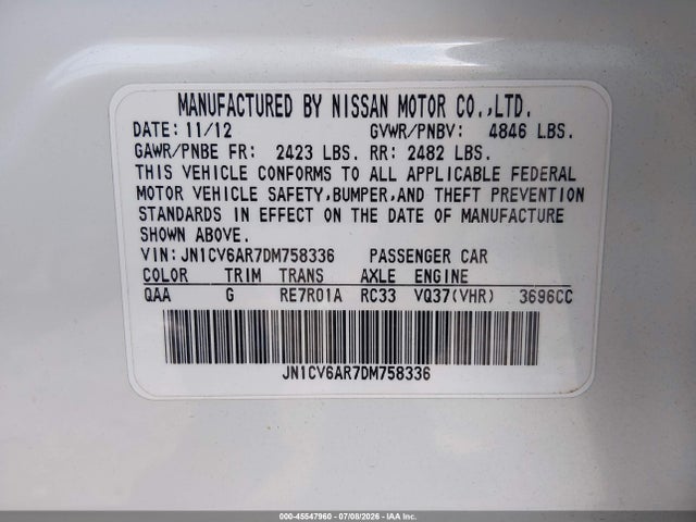 2013 Infiniti G37x მანქანა იყიდება აუქციონზე, vin: JN1CV6AR7DM758336, აუქციონის ნომერი: 45547960