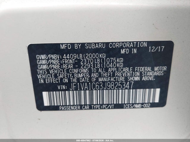 45547962 :رقم المزاد ، JF1VA1C63J9825347 vin ، 2018 Subaru Wrx Premium مزاد بيع