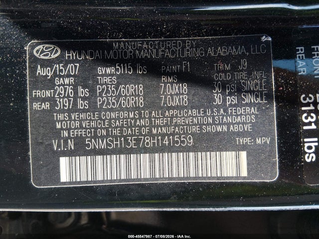 Продаж на аукціоні авто 2008 Hyundai Santa Fe Limited/se, vin: 5NMSH13E78H141559, номер лоту: 45547987