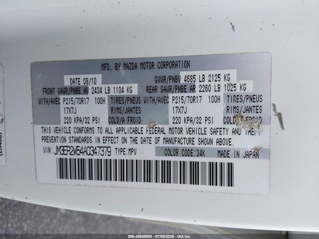 Aukcja sprzedaży 2010 Mazda Cx-7 I Sport, vin: JM3ER2W54A0347379, numer aukcji: 45548000