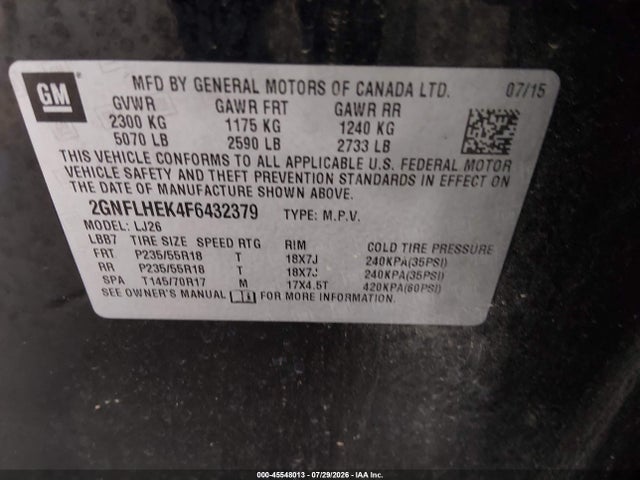 45548013 :رقم المزاد ، 2GNFLHEK4F6432379 vin ، 2015 Chevrolet Equinox Ltz مزاد بيع