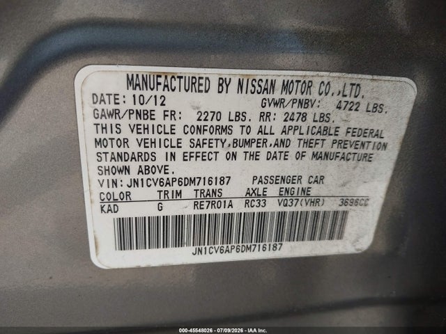 Продаж на аукціоні авто 2013 Infiniti G37 Journey, vin: JN1CV6AP6DM716187, номер лоту: 45548026