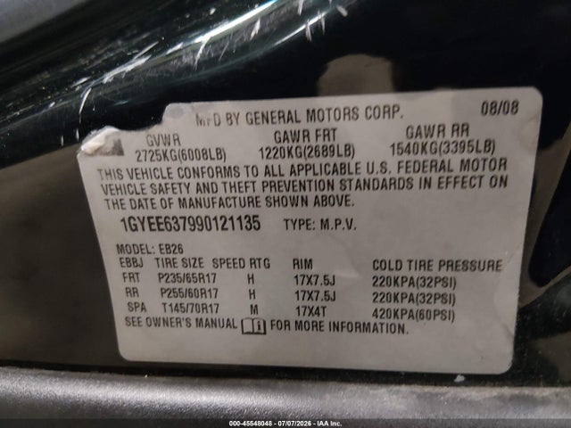 45548048 :رقم المزاد ، 1GYEE637990121135 vin ، 2009 Cadillac Srx V6 مزاد بيع
