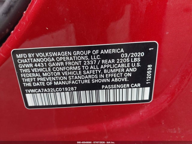 Aukcja sprzedaży 2020 Volkswagen Passat 2.0t Sel, vin: 1VWCA7A32LC019287, numer aukcji: 45548068
