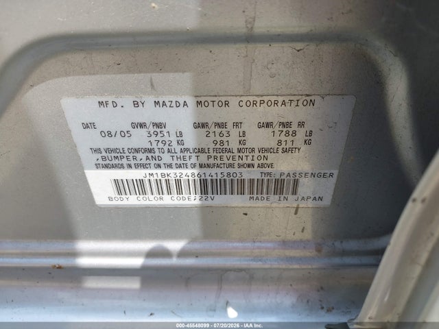 Продаж на аукціоні авто 2006 Mazda Mazda3 S Touring, vin: JM1BK324861415803, номер лоту: 45548099