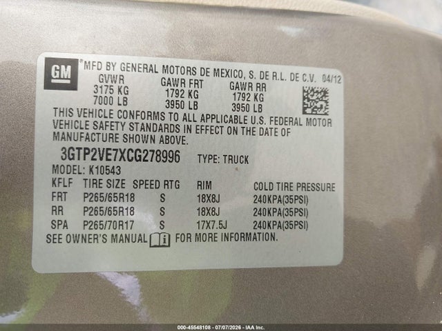 Aukcja sprzedaży 2012 Gmc Sierra 1500 Sle, vin: 3GTP2VE7XCG278996, numer aukcji: 45548108