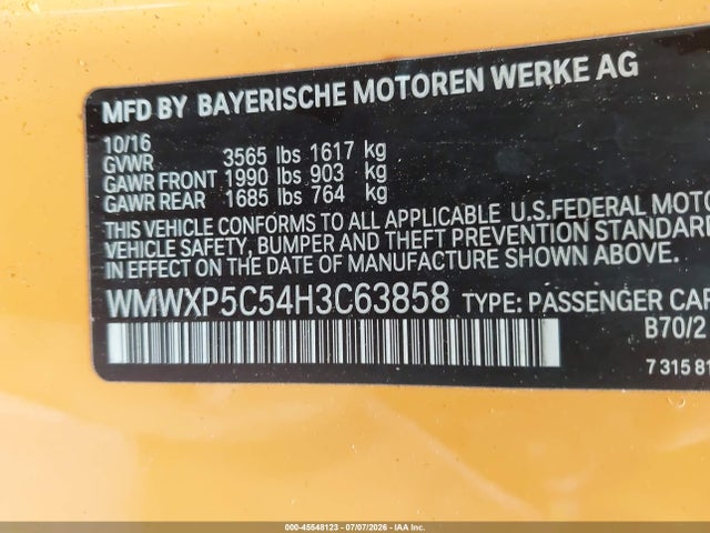 Продажа на аукционе авто 2017 Mini Hardtop Cooper, vin: WMWXP5C54H3C63858, номер лота: 45548123