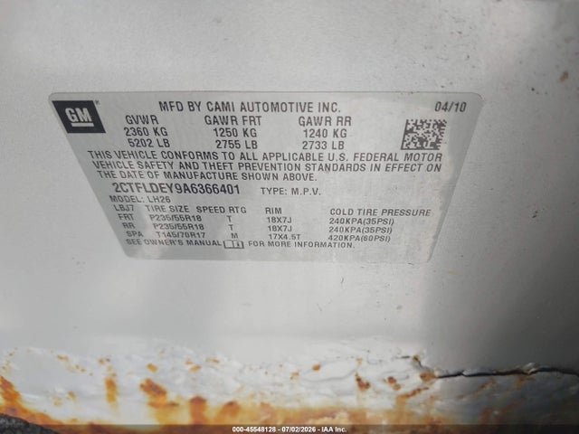 Aukcja sprzedaży 2010 Gmc Terrain Sle-2, vin: 2CTFLDEY9A6366401, numer aukcji: 45548128