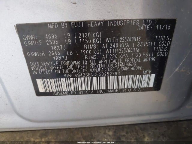 Aukcja sprzedaży 2016 Subaru Outback 2.5i Limited, vin: 4S4BSBNC6G3252793, numer aukcji: 45548143