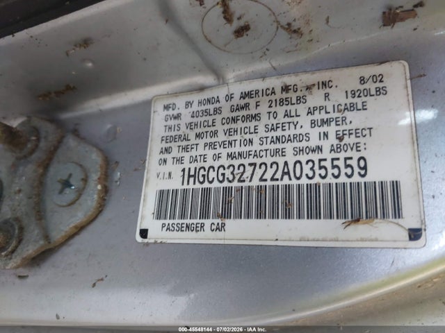 Aukcja sprzedaży 2002 Honda Accord 2.3 Ex, vin: 1HGCG32722A035559, numer aukcji: 45548144