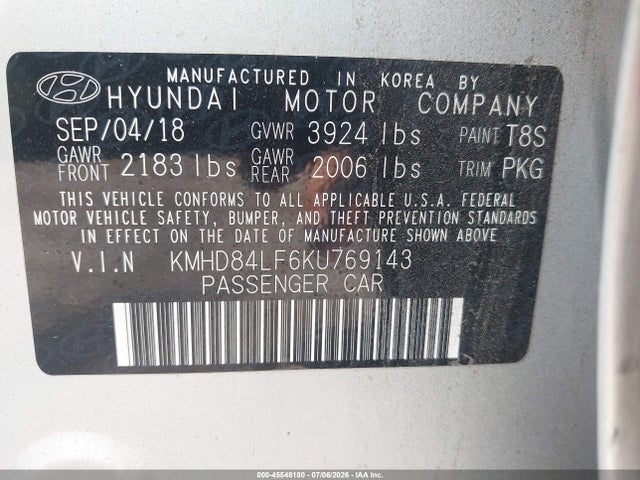 Aukcja sprzedaży 2019 Hyundai Elantra Sel, vin: KMHD84LF6KU769143, numer aukcji: 45548180