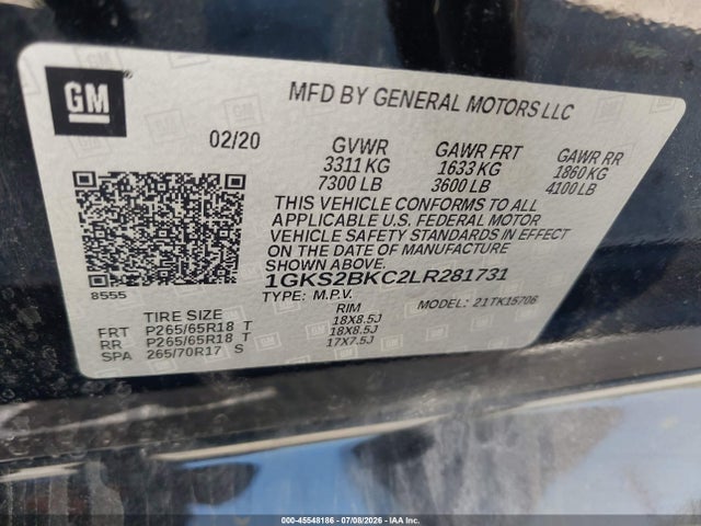45548186 :رقم المزاد ، 1GKS2BKC2LR281731 vin ، 2020 Gmc Yukon 4wd Slt مزاد بيع