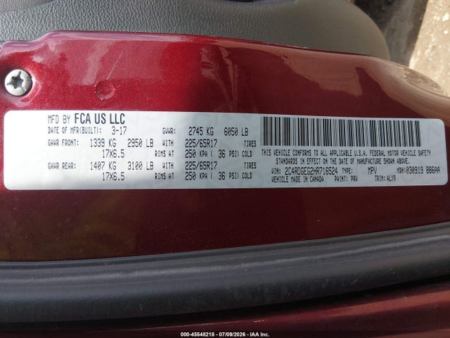 Aukcja sprzedaży 2017 Dodge Grand Caravan Gt, vin: 2C4RDGEG2HR716524, numer aukcji: 45548218