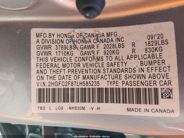 Aukcja sprzedaży 2020 Honda Civic Sport, vin: 2HGFC2F87LH585235, numer aukcji: 45548219