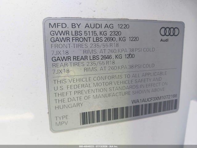 Продаж на аукціоні авто 2021 Audi Q3 Premium 40 Tfsi Quattro Tiptronic, vin: WA1AUCF3XM1072166, номер лоту: 45548223