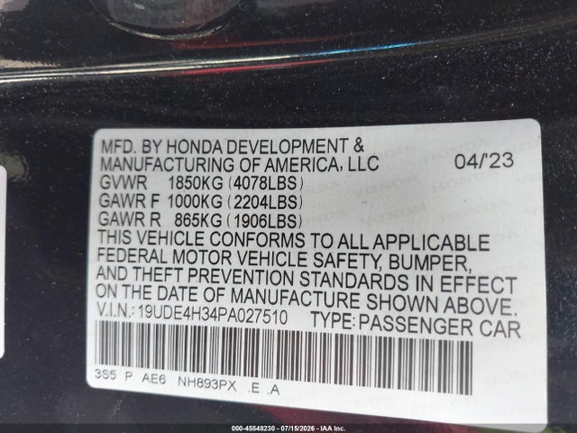 45548230 :رقم المزاد ، 19UDE4H34PA027510 vin ، 2023 Acura Integra A-spec مزاد بيع