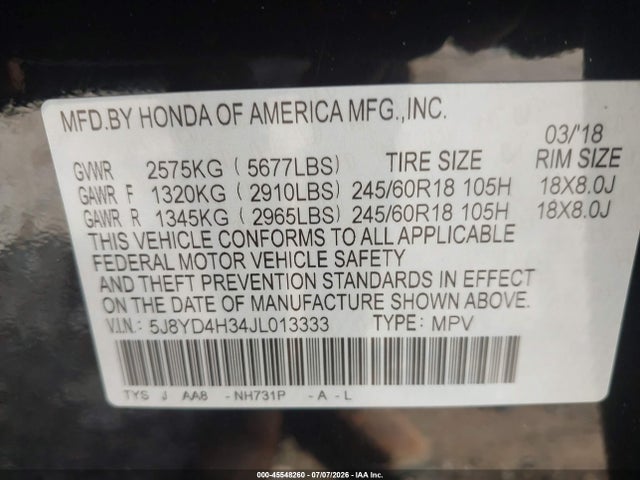 45548260 :رقم المزاد ، 5J8YD4H34JL013333 vin ، 2018 Acura Mdx مزاد بيع
