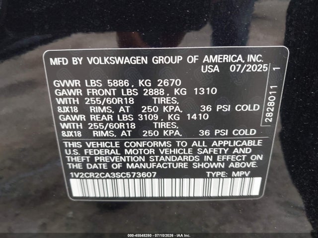 2025 Volkswagen Atlas 2.0t Peak Edition მანქანა იყიდება აუქციონზე, vin: 1V2CR2CA3SC573607, აუქციონის ნომერი: 45548280