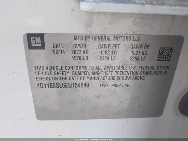 45548281 :رقم المزاد ، 1G11E5SL6EU154649 vin ، 2014 Chevrolet Malibu 2lt مزاد بيع