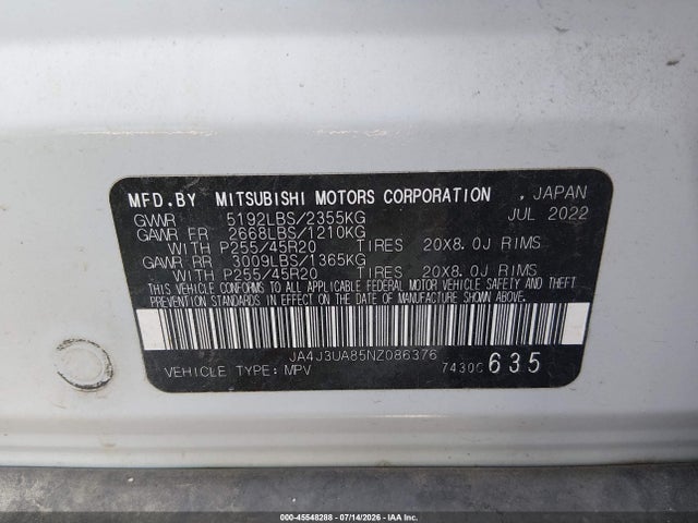 45548288 :رقم المزاد ، JA4J3UA85NZ086376 vin ، 2022 Mitsubishi Outlander Black Edition 2wd/se 2.5 2wd/se Launch Edition 2wd مزاد بيع