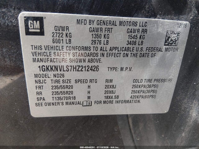 45548291 :رقم المزاد ، 1GKKNVLS7HZ212426 vin ، 2017 Gmc Acadia Slt-1 مزاد بيع