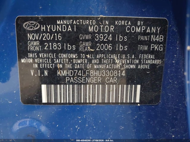 45548295 :رقم المزاد ، KMHD74LF8HU330814 vin ، 2017 Hyundai Elantra Se مزاد بيع