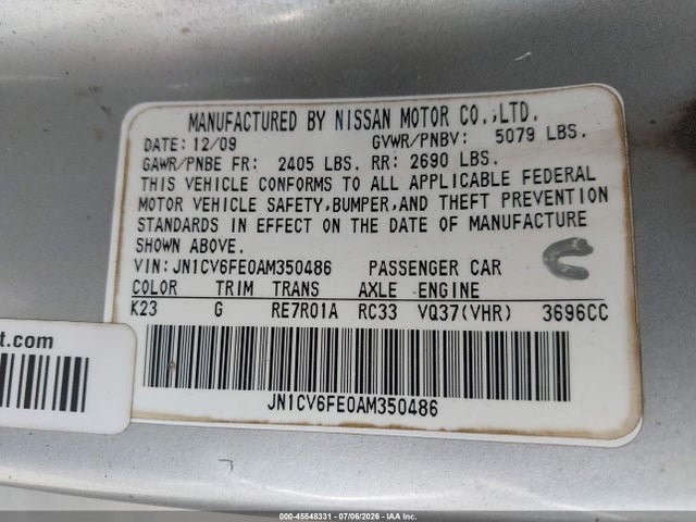 2010 Infiniti G37 მანქანა იყიდება აუქციონზე, vin: JN1CV6FE0AM350486, აუქციონის ნომერი: 45548331