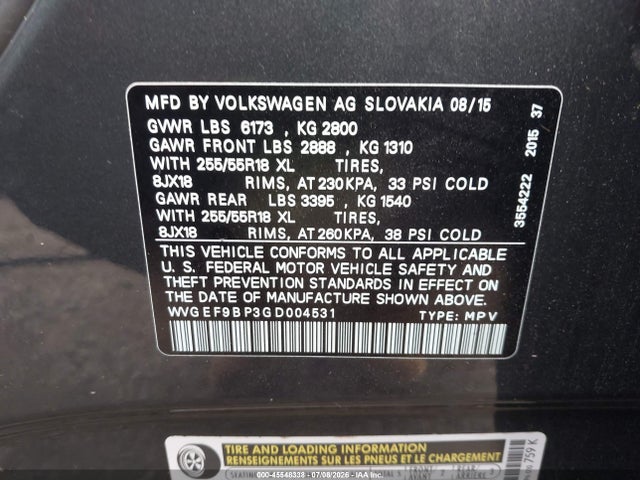 Aukcja sprzedaży 2016 Volkswagen Touareg Sport W/technology, vin: WVGEF9BP3GD004531, numer aukcji: 45548338