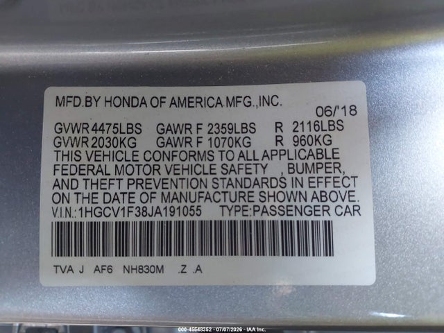 1HGCV1F38JA191055 Honda Accord Sport