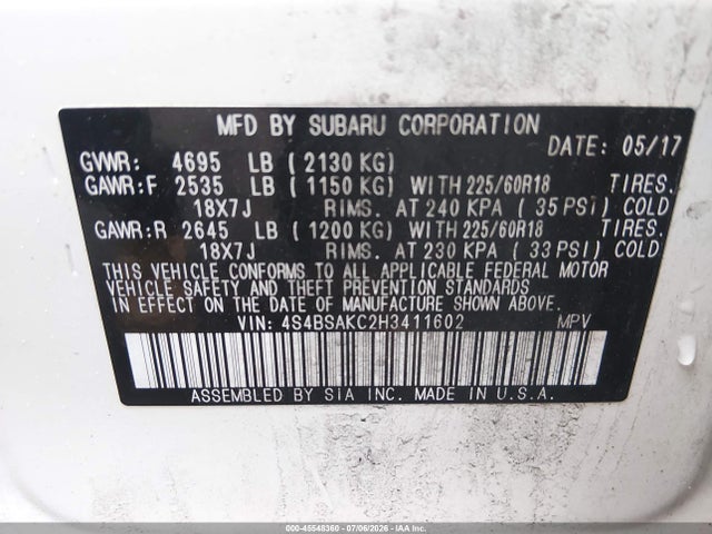 45548360 :رقم المزاد ، 4S4BSAKC2H3411602 vin ، 2017 Subaru Outback 2.5i Limited مزاد بيع