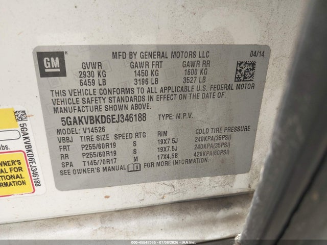 2014 Buick Enclave Leather მანქანა იყიდება აუქციონზე, vin: 5GAKVBKD6EJ346188, აუქციონის ნომერი: 45548365